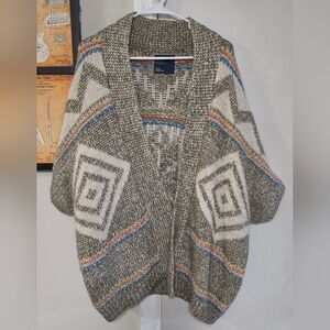 Cozy Open-Front Chunky Cardigan Sweater - Tan & Cream with Multicolor Accents
